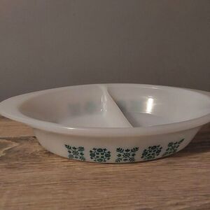 Vintage USA Glassbake J-239 Oval Milk White Divided Green Snowflake Casserole VG